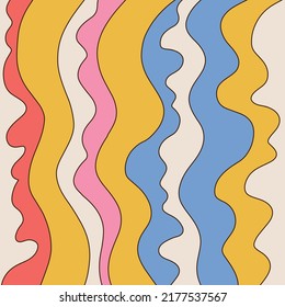 1960s background with liquid groovy lines. Vvintage style backdrop with pink, orange, purple and yellow retro stripes. Poster, gift card, t-shirt, stationery. Hand drawn linear vector illustration.