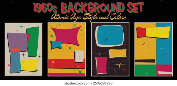 1960s Background Set. Atomic Age Style and Colors. Vector Templates for Retro Party Invitations, Posters, Covers, Illustrations. Aged Texture