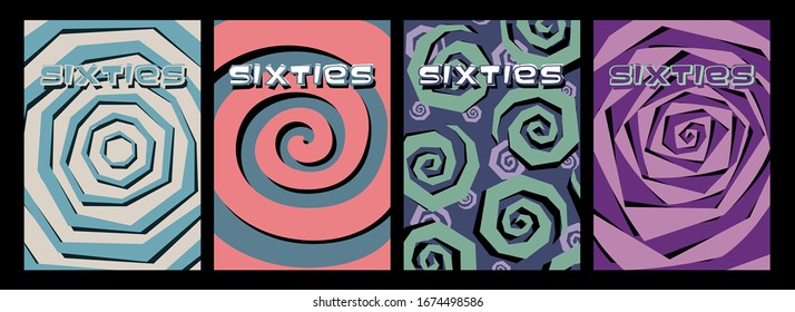 1960s Background Set Beatnik Style Patterns, Vintage Colors and Shapes, Spiral, Swirl