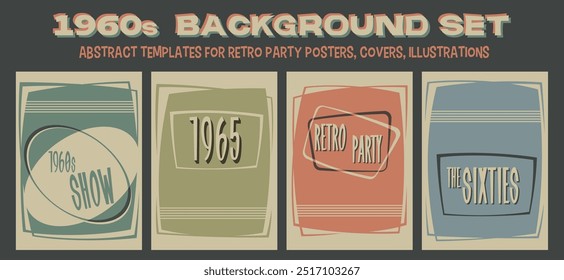 Conjunto de fondo de la década de 1960, Plantillas Abstractas de Vector para fiesta retro, mostrar carteles, cubiertas, Ilustraciones. Colores y Formas de los años 60, cartel de estilo de espectáculo moderno de mediados de siglo