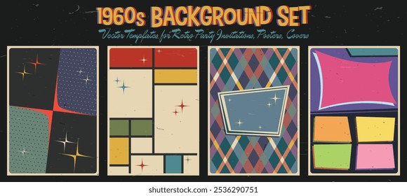 1960s Background Set, Vector Templates for Retro Party Invitations, Posters, Covers, Illustrations. 60s Colors and Style, Aged Textures