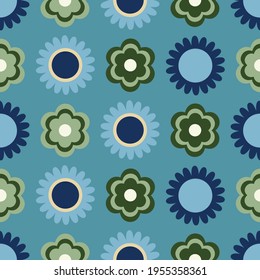 1960's blue, teal and green mid century modern, geometric floral design. Vintage, cool, retro, hippie, simple, 60's flower power graphic, seamless vector repeat pattern background wallpaper texture