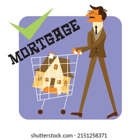 1960's cartoon mid century flat character of a man buying a house with shopping cart. Concept of Purchase Real Estate, Buying House, Mortage. vector illustration