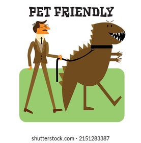 1960's cartoon mid century flat character of a man walking a giant dinosaur pet on the leash. Pet friendly place sticker, label, stamp with pet friendly text. Vector illustration