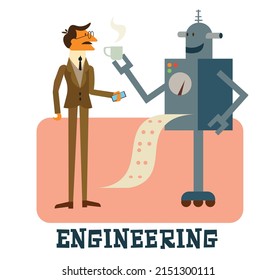 1960's cartoon mid century flat character of a man standing next to a retro futuristic robot. Sticker, label, stamp with text "egineering". Robotics vector illustration