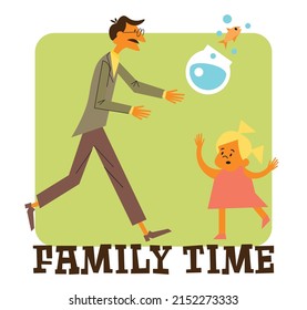 1960's cartoon mid century flat character of a clumsy man playing with daughter with fish bowl. Vector illustration