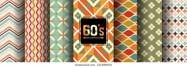 Colección de patrones sin soldadura de los años 60 para papeles pintados, proyectos gráficos, textiles y prendas de vestir. década Boogie, gráficos retro, conjunto vintage de telas para prendas de vestir, diseños de moda. Ilustración del vector