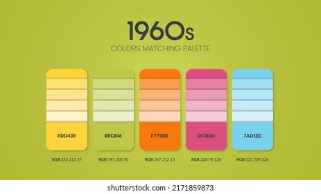 1960er Jahre: Farbschemata Ideen. Farbtrends-Kombinationen und Farbpalettenführung. Beispiel von Tafelfarbtönen in RGB und HEX.Color swatch für Mode, Heimat, Inneneinrichtung oder cataloque.Color Chart-Vektorgrafik.