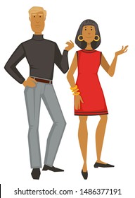 1960s couple, woman in dress and gold jewelry and guy in turtleneck and pants, 60s fashion style vector. Female and male characters in vintage clothes. Clothing design and old-fashioned outfit