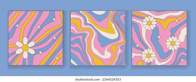 1960s Daisy Flowers, Trippy Grid, Wavy Swirl Backgrounds Set in Pastel Pink and Blue Colors. Vintage Fluid Vector Illustration. 70s Groovy Background. Flat contour Design in trippy Hippie Aesthetic.