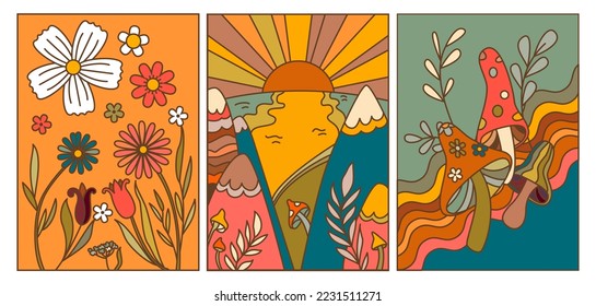 Fondo de vectores florales abstractos hippie de los años 60. Plantillas de carátulas o carteles Diseño retro de gráficos de moda.