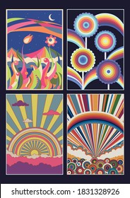 1960s Hippie Art Style Patterns, Backgrounds, Colorful Psychedelic Landscapes, Poster, Cover Template Set 