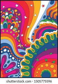 1960s Hippie Art Style Psychedelic Background, Poster, Cover Template, Vintage Colors and Wavy Lines
