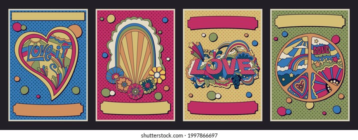 1960s Hippie Art style Psychedelic Posters, Covers Template Set, Hearts, Love, Rainbows, Peace Symbol