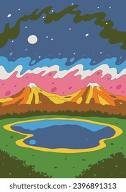 1960s Hippie Art Style Psychedelic Landscape, Mountains, Lake, Valley and Stars Abstract Drawing