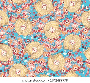 1960s Hippie Style Art, Floral Pattern, Vintage Colorful Background_dreaming girl with flowers backdrop
