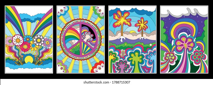 1960s Hippie Style Art Posters, Flowers, Rainbows, Peace Symbols