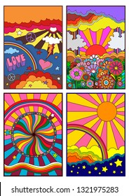 1960s Hippie Style Backgrounds, Covers, Posters, Prints Set Psychedelic Set