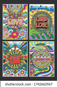 1960s Hippie Style Psychedelic Art Poster Set, Love, Peace, Rainbows, Landscapes, Flowers, Clouds, Hearts Abstract Backgrounds