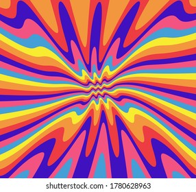 1960s Hippie Wallpaper Design. Trippy Retro Background For Psychedelic 60s-70s Parties With Bright Acid Rainbow Colors And Groovy Geometric Wavy Pattern In Pop Art Style.