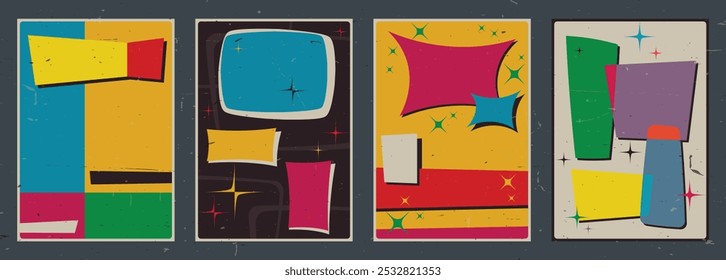1960s conjunto de carteles, fondos abstractos para el partido retro, evento. Colores retro y Formas de los años sesenta, texturas de grunge envejecido