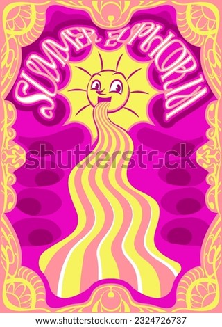 1960s psychedelic art. Bright weird abstract poster or banner in hippie style. Colorful party retro flyer or invitation with sun character, summer, euphoria and text. Cartoon flat vector illustration