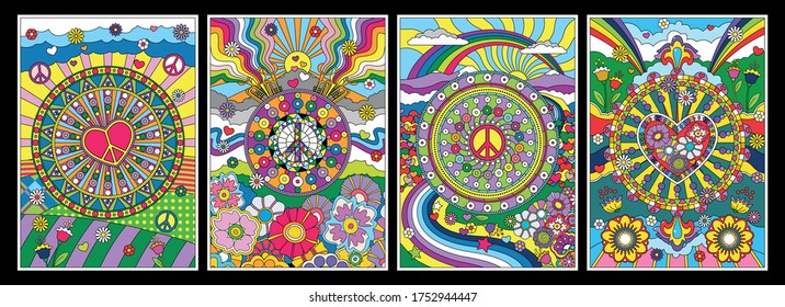 1960s Psychedelic Art Posters Hippie Style, Love and Peace Symbols, Flowers, Rainbows