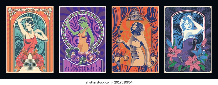 1960s Psychedelic Art Posters Style Illustrations, Art Nouveau Style Women, Flowers and Psychedelic Backgrounds