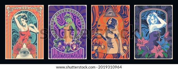 1960s\
Psychedelic Art Posters Style Illustrations, Art Nouveau Style\
Women, Flowers and Psychedelic\
Backgrounds