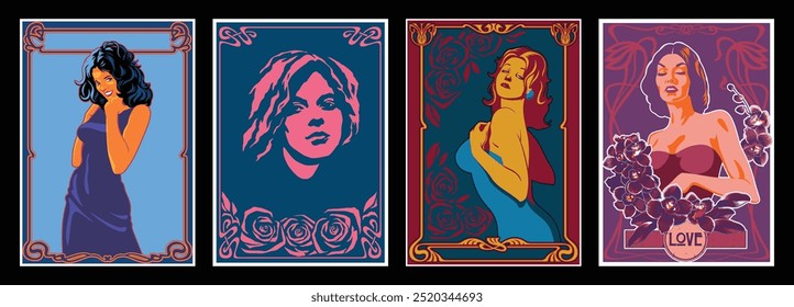 Plakate im psychedelischen Kunststil der 1960er Jahre. Junge Frauen mit schönen Körpern, schwarzen Haaren, roten Haaren, Rosen, Orchideen, Liebe. Jugendstil-Rahmen