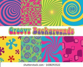 1960s Psychedelic Backgrounds, Bright Colors, Vintage Shapes and Decorations, Cover Templates Hippie Style 