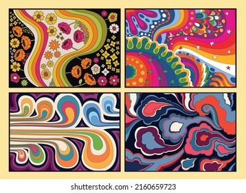 1960s Psychedelic Bright Floral Backgrounds Set