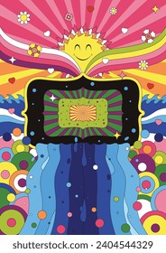 1960s Psychedelic Colors Abstract Poster Template, Rainbows, Hearts, Flowers, Waves and Waterfall