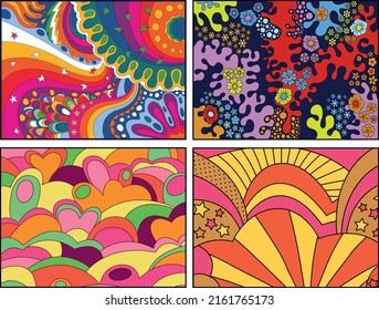1960s Psychedelic Floral Bright Retro Colors Backgrounds Set