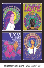 Años 1960 Afiches de estilo Psicodélico Ilustración Set, Bellezas y Flores, Mosaico Art Nouveau y Colores Psicodélicos