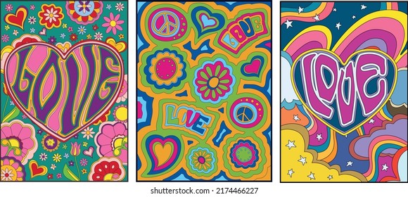 1960s Psychedelic Style Love Floral Backgrounds Set