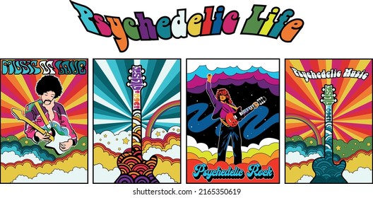 1960s Psychedelic Style Music Arts. Bright Colors Retro Design Musical Instrument Posters Set