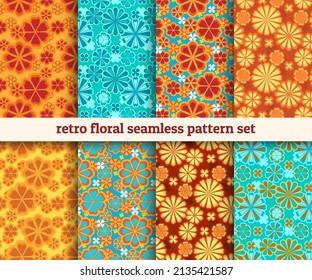 1960s retro floral. 60s vintage seamless patterns for nostalgic designs, 60 years whimsical fashion wallpapers, hippie sixties textures, florals woman ornaments svg