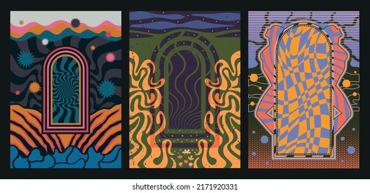 1960s Retro Psychedelic Style Abstract Windows Backgrounds Set 