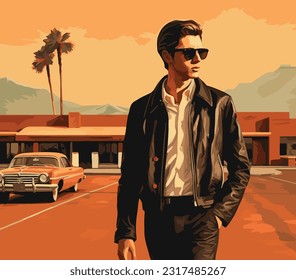 1960s retro vector illustration, handsome man, Arizona desert. 