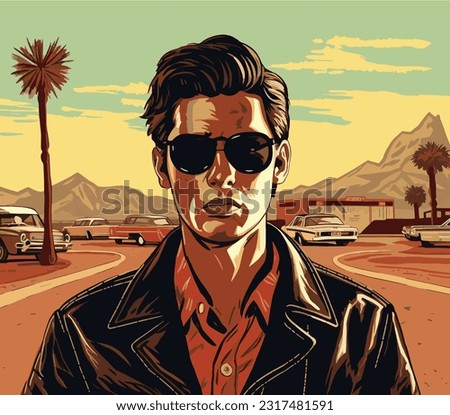 1960s retro vector illustration, handsome man, Arizona desert. 