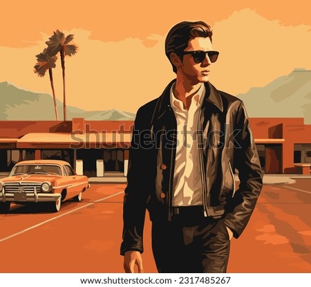 1960s retro vector illustration, handsome man, Arizona desert. 