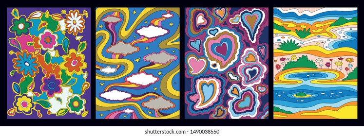 1960s Style Psychedelic Art Colorful Backgrounds, Flowers, Hearts, Clouds, Rainbows