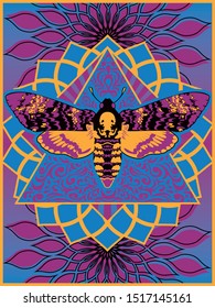 1960s Style Psychedelic Art Poster Moth Dead Head, Ornamental Geometric Abstract Background 