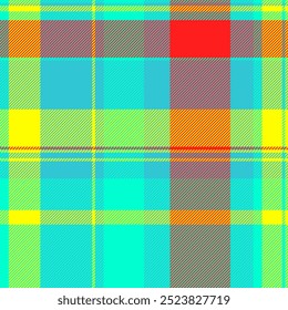 1960s vector fabric plaid, garment texture seamless pattern. Day tartan textile check background in cyan and bright colors palette.