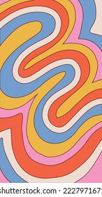 1960s vector illustration with liquid groovy rainbow lines. 70s hippie vintage style. Psychedelic retro background for 4k screen poster, gift card, t-shirt, stationery. Vector contour illustration.