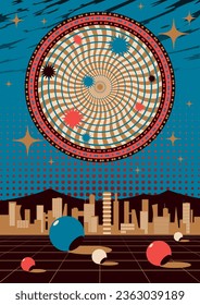 1960s Vintage Psychedelic Style Cityscape Abstraction Art