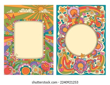 1960s Vintage Style Psychedelic Flowers Backgrounds Set