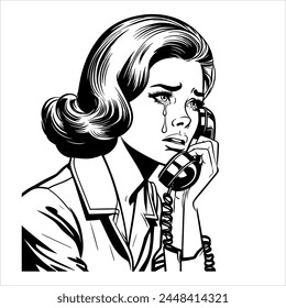 1960s woman crying on the phone simple minimalist clean line art comic without shadows black and white 08