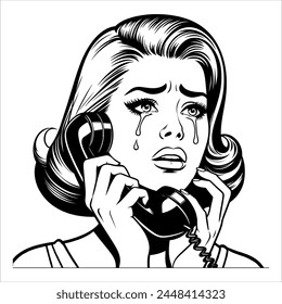 1960s woman crying on the phone simple minimalist clean line art comic without shadows black and white 05